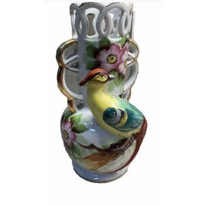 VTG Peacock Vase Occupied Japan  Lattice Top Double Handle 3D Bird Vase Retro